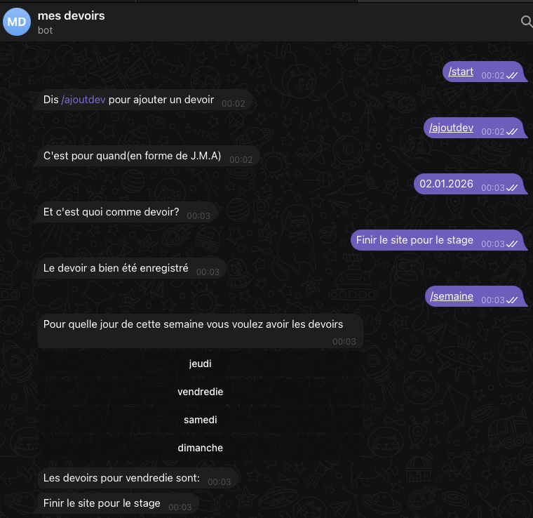 Bot Telegram de gestion des devoirs